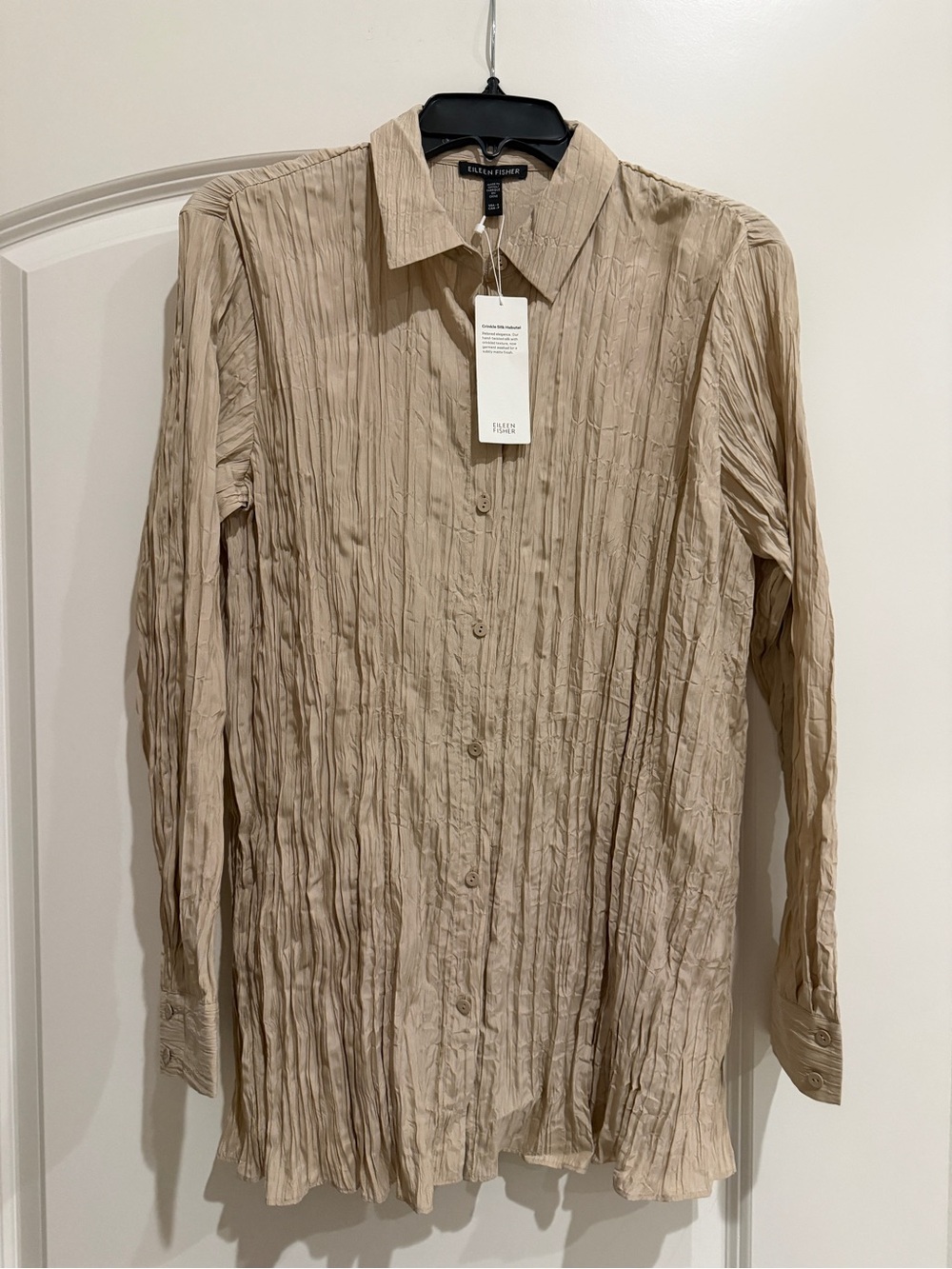NWT Eileen Fisher Beige Crinkled Button-Front Long-Sleeve Shirt Jacket
